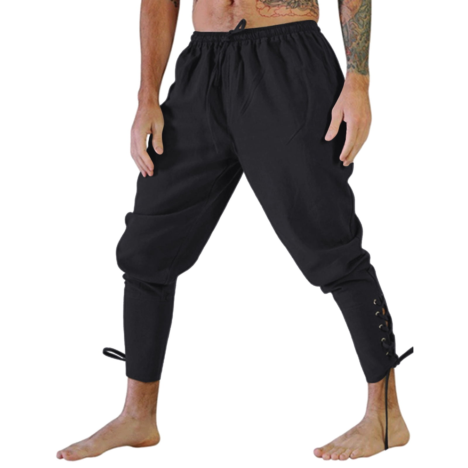 Mens Fashion Casual Loose Retro Ankle Strap Lace Up Leggings Pants