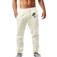 thumbnail image 1 of Mens Fashion Casual Printed Linen Pocket Lace Up Pants Large Size Pants Casual Pants White M, 1 of 4