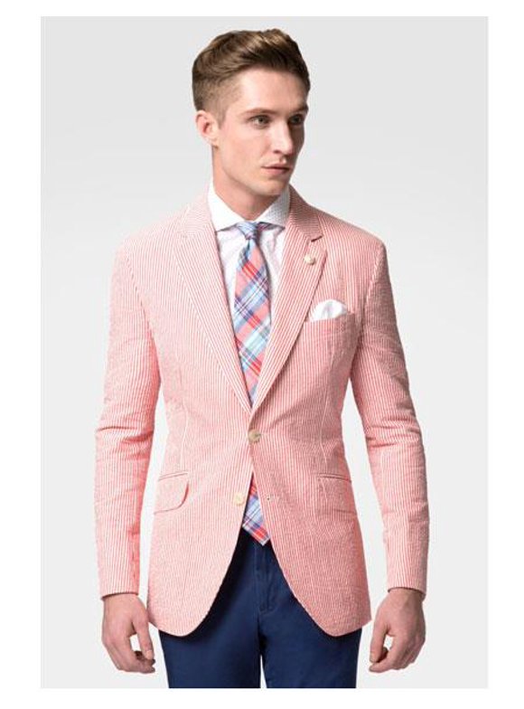 Men's Seersucker Sear sucker suit By 2 Buttons 2 Vents, Slim Fit No Pleat Trousers Pink main image 1