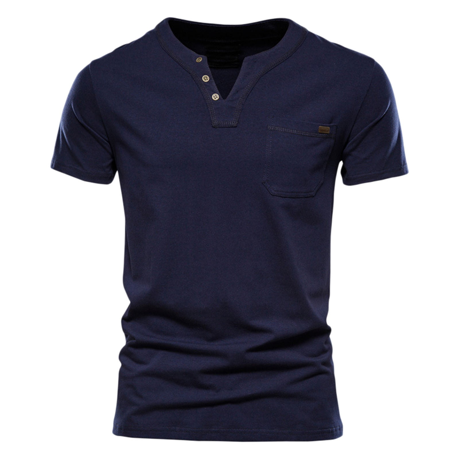 Mens Fashion Casual Solid Color Cotton V Neck Pocket Button Short