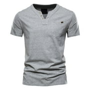 ASFGIMUJ Mens Fashion Casual Solid Color Cotton V Neck Pocket Button Short Sleeve T Shirt Top