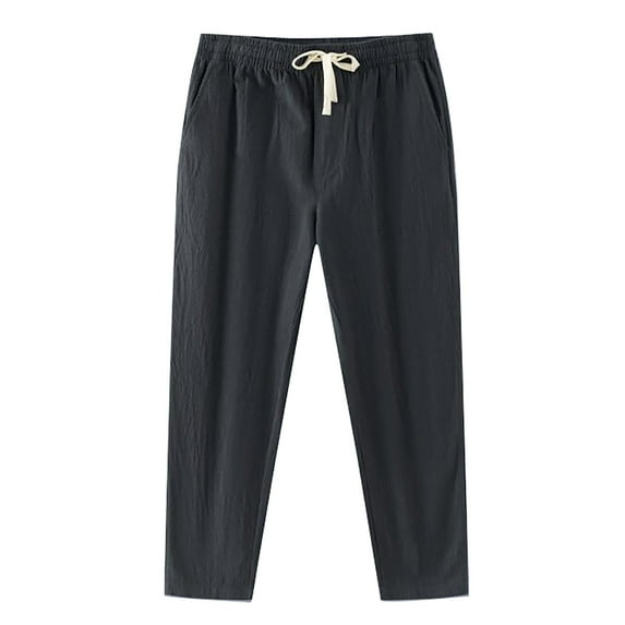Mens Fashion Casual Solid Color Try Breathable Cotton And Linen Pocket Elastic Waist Large Size Pants Trousers