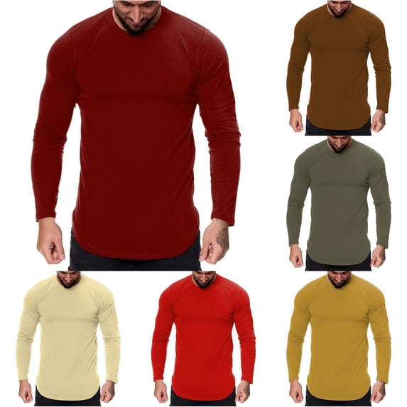 Mens Fashion Casual Sports Fitness Outdoor Curved Solid Color Round Neck Long Sleeve T Shirt Top Comfy Tee Tshirts for Men