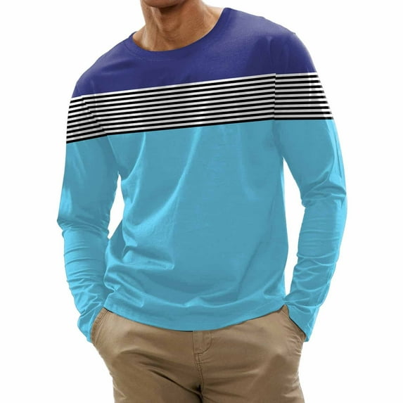 Mens Fashion Casual Sports Striped Stitching Digital Printing Round Neck T Shirt Long Sleeve Top Polyester,Spandex Sky Blue XXXL