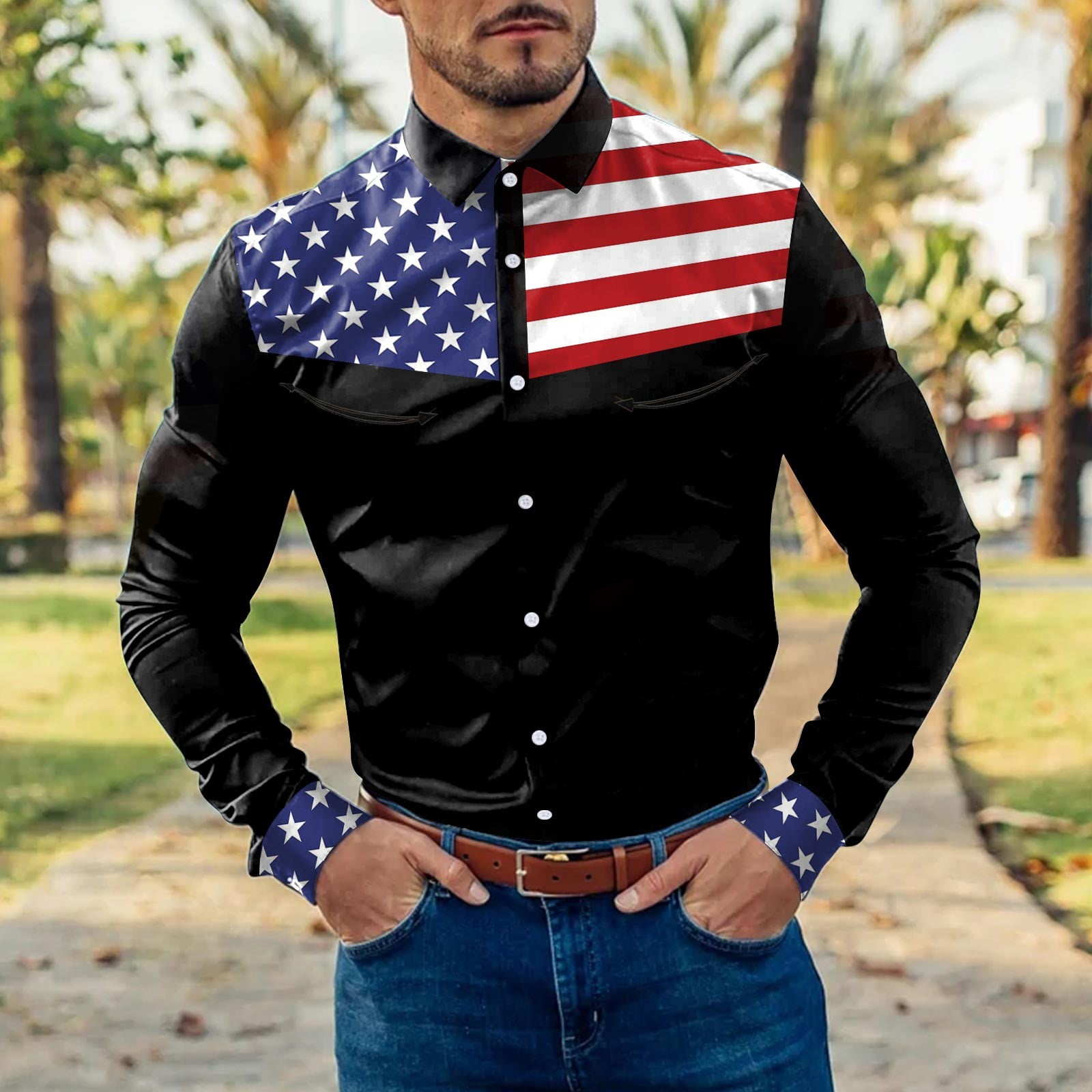 Mens Fashion Casual Striped Color Block Patchwork American Flag Lapel  Button Cuff Long Sleeve Shirt - Walmart.com, image size:1600x1600