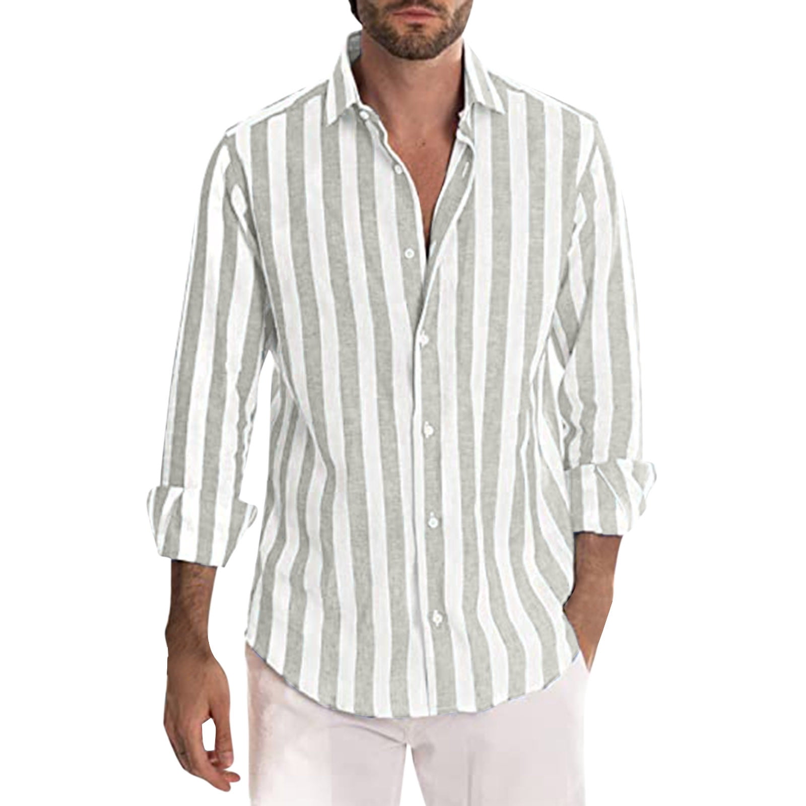 Mens Fashion Casual Striped Linen Buckle Lapel Long Sleeve Shirt Top ...