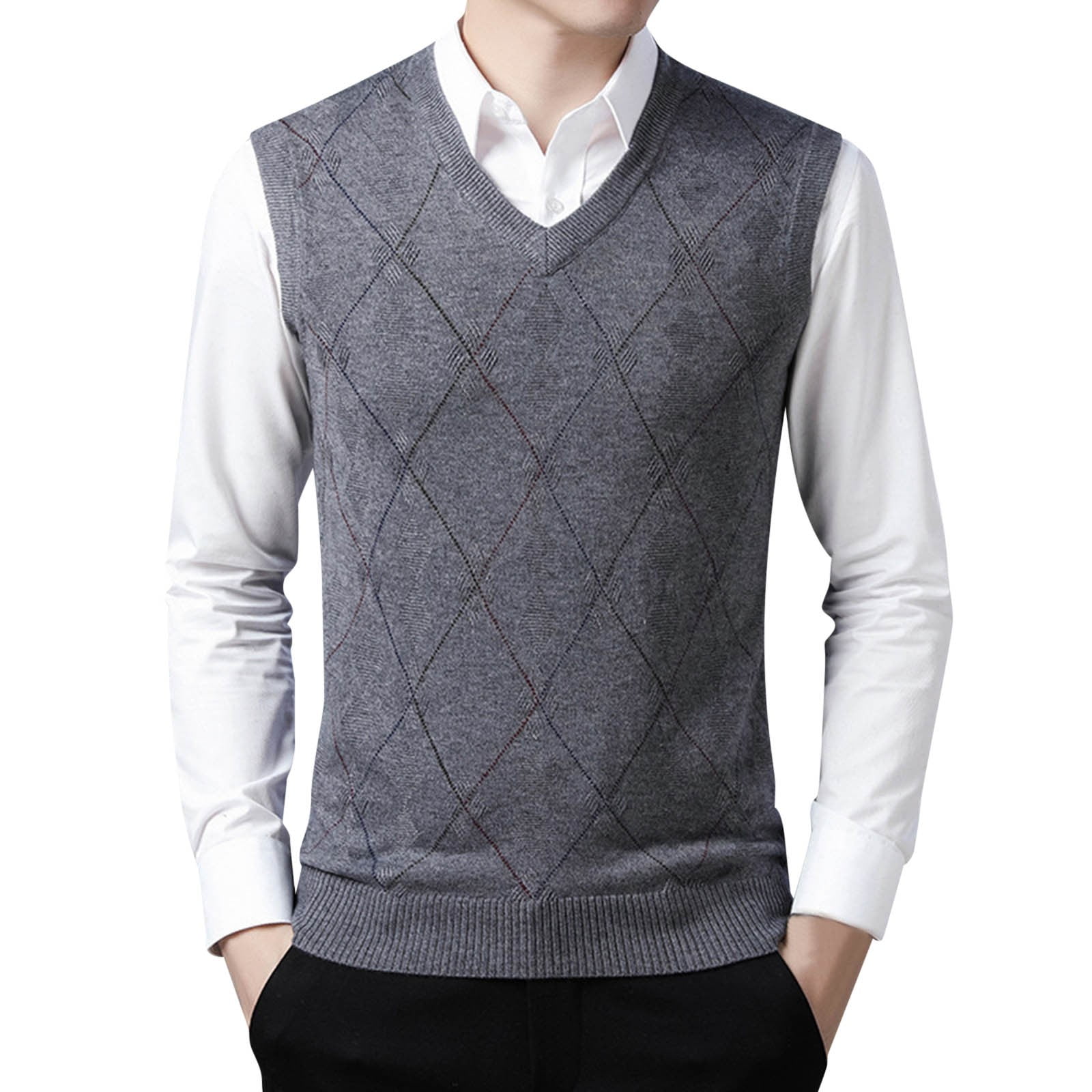 Mens Fashion Casual Vest Jacquard V Neck Bottomed Plaid Shirt ...
