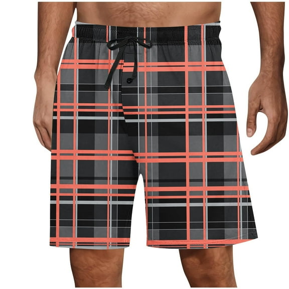 Mens Fashion Checkered Printing Shorts Elastic Waist Drawstring Shorts Summer Vacation Beach Shorts