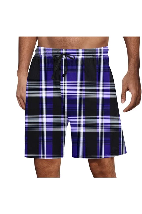 Mens Fashion Checkered Printing Shorts Elastic Waist Drawstring Shorts Summer Vacation Beach Shorts