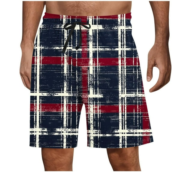 Mens Fashion Checkered Printing Shorts Elastic Waist Drawstring Shorts Summer Vacation Beach Shorts