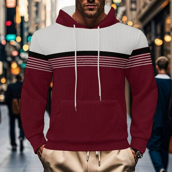 Mens Fashion Color Block Hoodie Oversized Loose Fit Drawstring Sweatshirts Casual Ribbed Knitted Sweater Long Sleeve Pullover with Kangaroo Pocket, Red 3XL