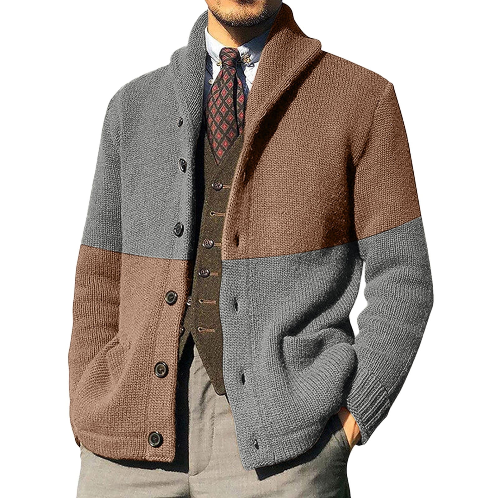 Mens Fashion Color Blocking Button Cardigan Sweater Mens Holiday Button down Cardigan Sweater Regular Fit