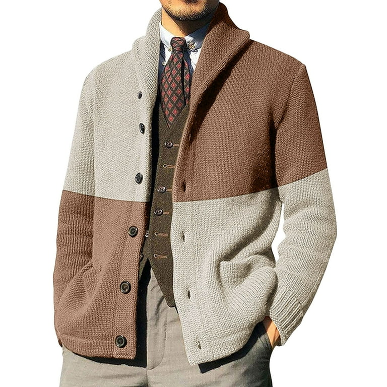 Mens Fashion Color Blocking Button Cardigan Sweater Vintage Cardigans for Men