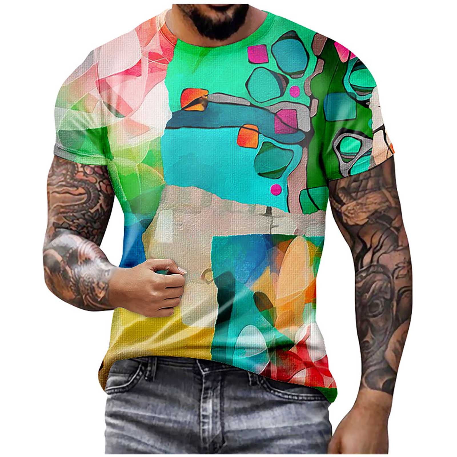 Mens Fashion Graphic Patchwork Short Sleeve Shirts Casual Crewneck Slim Fit  Muscle Tshirt Summer Lightweight Athletic Gym Training Tee