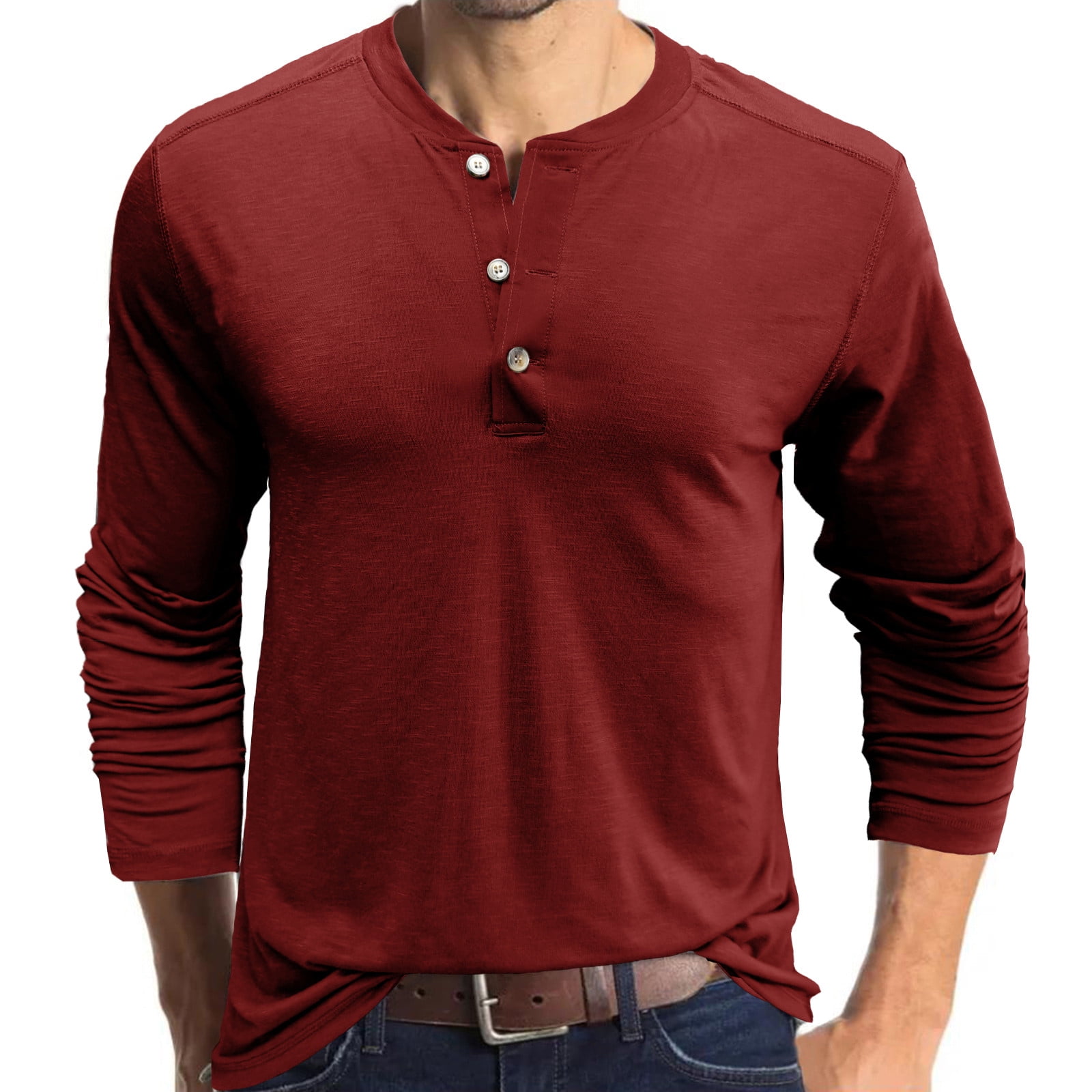 Mens Fashion Henley Shirts Long Sleeve Button TShirt Watermelon Red