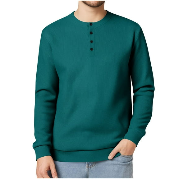 Mens Fashion Henley Shirts Long Sleeve Crewneck Button Waffle Knit T-Shirt Lightweight Sweater Fall Causal Knitted Pullover T Shirt