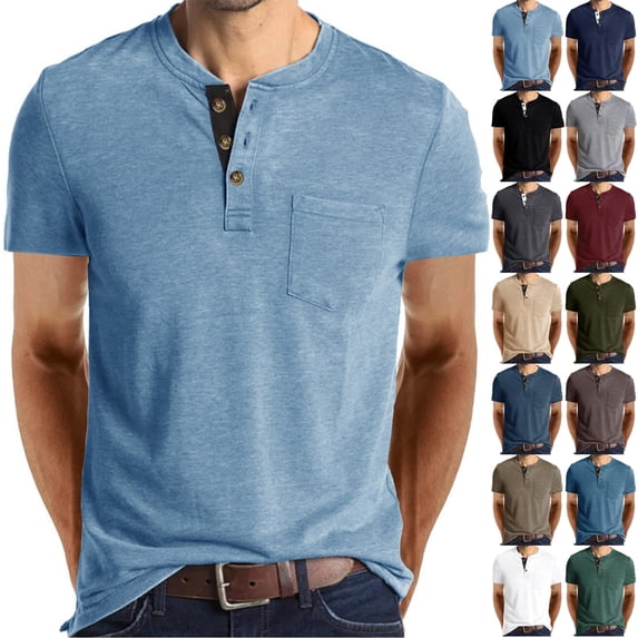 Mens Fashion Henley Shirts Short Sleeve Button T-Shirt with Pocket Royal Blue L