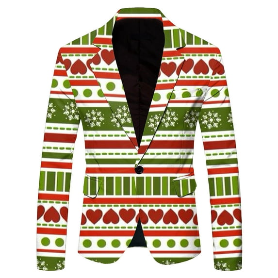 Mens Fashion Leisure Christmas Printed Pocket Jacket Suit Jacket