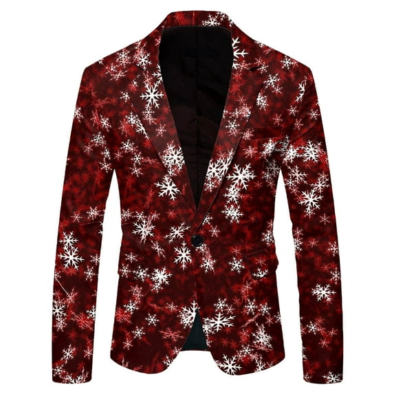 Mens Fashion Leisure Christmas Printed Pocket Jacket Suit Jacket