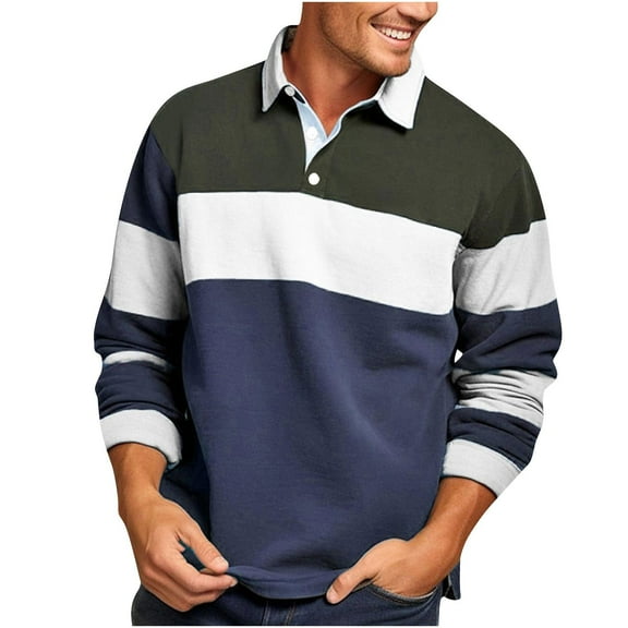 Mens Fashion Long Sleeve Shirts Plus Size Color Block Cotton Pullover Top Casual 3 Button Collared Golf Tshirt