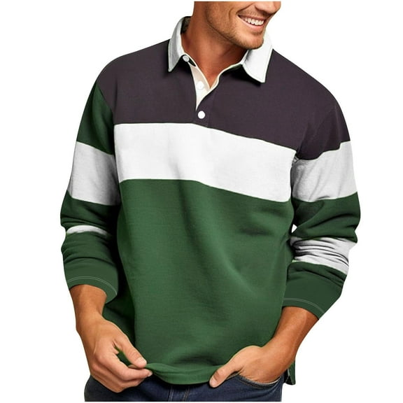 Mens Fashion Long Sleeve Shirts Plus Size Color Block Cotton Pullover Top Casual 3 Button Collared Golf Tshirt