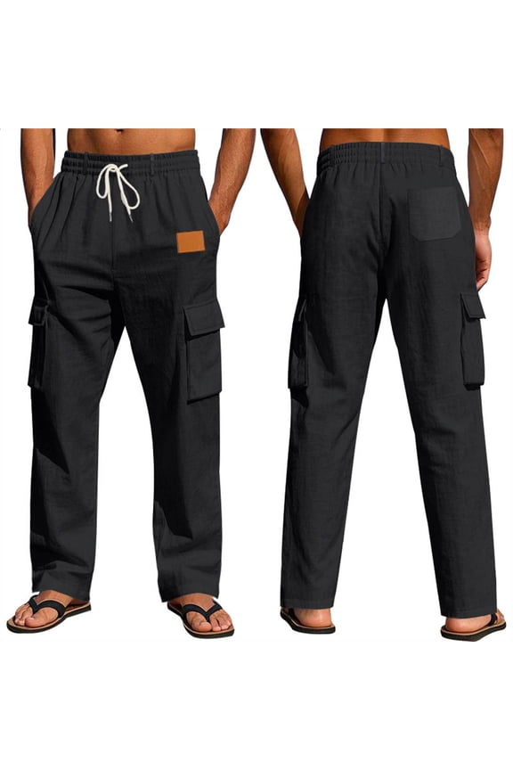 Mens Fashion Loose Cotton Linen Pants Casual Drawstring Elastic Waist Pants Solid Color Trousers with Pockets