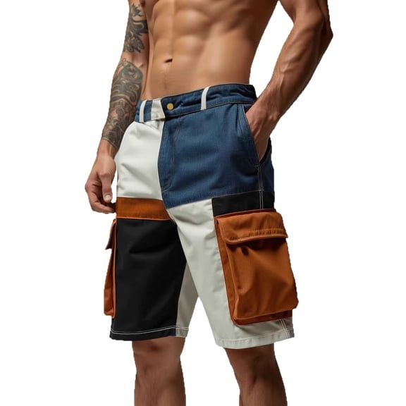 Mens Fashion Patchwork Cargo Shorts Casual Button Wasit Multi Pockets Short Pants Straight Leg Golf Camping Trousers Orange