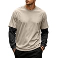 thumbnail image 1 of Mens Fashion Patchwork Layered Pullover Shirts Fake Two Piece Long Sleeve Crew Neck Casual Workout Tops Beige M, 1 of 5