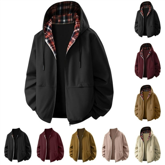 BiZtdJrK Mens Fashion Plaid Patchwork Jacket Full Zip Stand Collar Coat Lightweight Long Sleeve Casual Outerwear Fall Winter Clothes, Gray, S