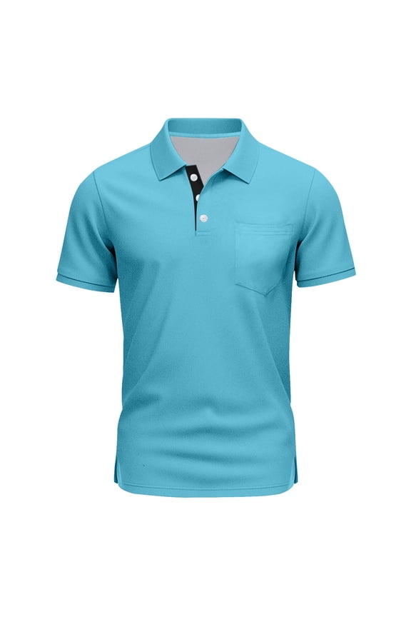 Mens Fashion Polo Shirts Cotton Classic Short Sleeve Thermal Button Shirt with Pocket Sky Blue XL