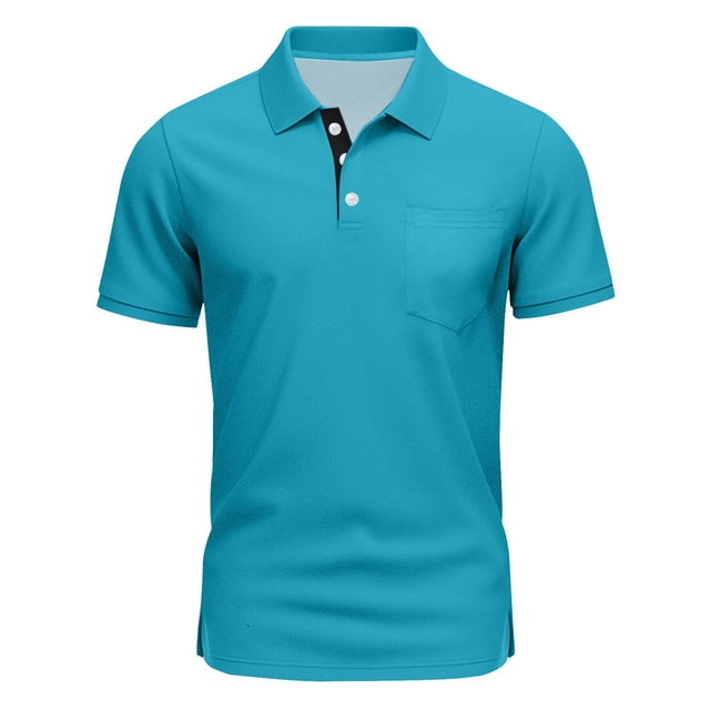 Mens Fashion Polo Shirts Cotton Classic Short Sleeve Thermal Button Shirt with Pocket Turquoise 3XL