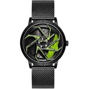 Mens Fashion Racing Watch Creative 3D Spinning Car Wheel Rotating Design Stainless Steel Large Dial Skeleton Waterproof Watch,Suitable for Men and Car Enthusiasts