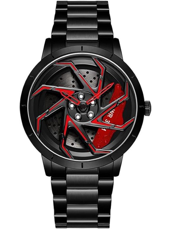 Mens Fashion Racing Watch Creative 3D Spinning Car Wheel Rotating Design Stainless Steel Large Dial Skeleton Waterproof Watch,Suitable for Men and Car Enthusiasts