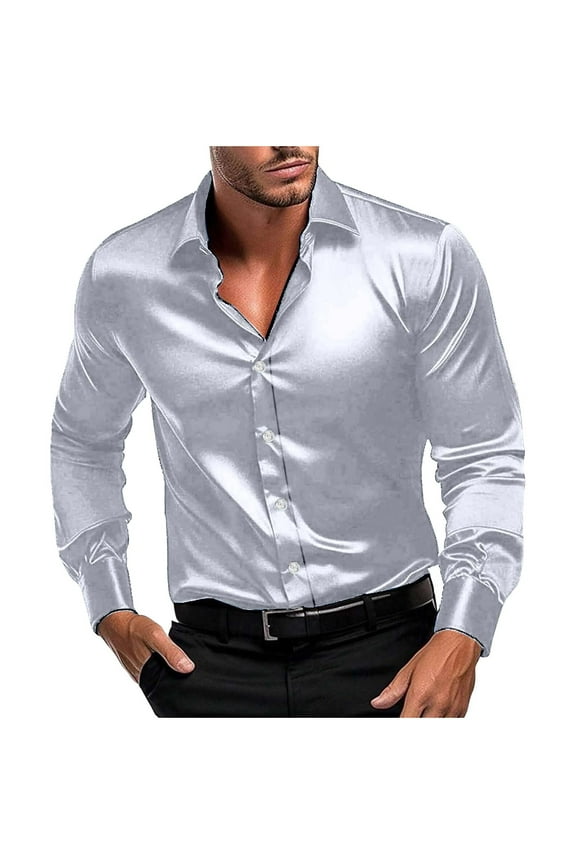 Mens Fashion Satin Button Down Shirts Party Prom Blouses Lapel Long Sleeve Lightweight Thin Dress Shirt