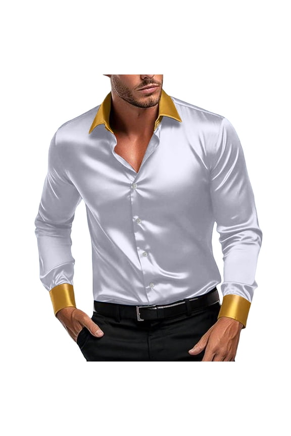 Mens Fashion Satin Button Down Shirts Party Prom Blouses Lapel Long Sleeve Lightweight Thin Dress Shirt