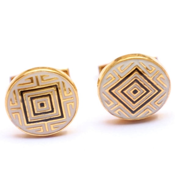 Mens Fashion Shirt Cufflink Shree Yantra Off White Enamel Sterling Silver Gold Cufflink