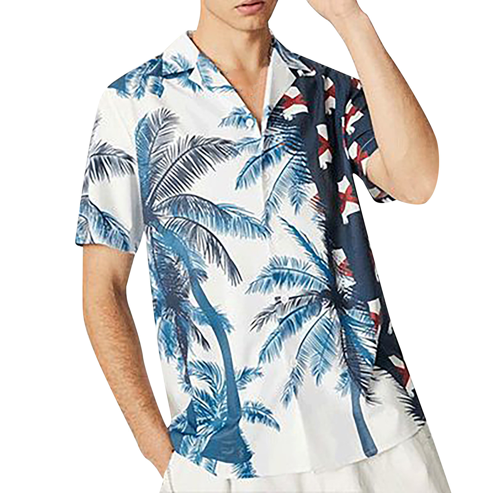 Mens Fashion Shirts Summer Print Short Sleeve Loose Hanging Hawai Style