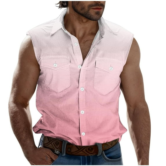 Mens Fashion Shirts,Tanks for Men,Casual Fashion Gradient Print Turndown Collar Sleeveless Pockets Sports Tank
