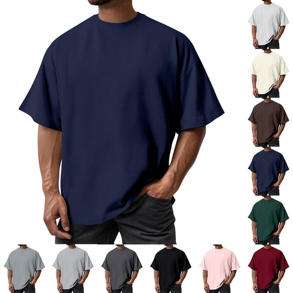 Mens Fashion Short Sleeve Tshirts Workout Oversize Pullover Solid Color Casual Tees Navy XXL