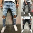 thumbnail image 1 of Mens Fashion Slim Fit Skinny Destroyed Ripped Jeans Men Casual Fashion Solid Button Zipper Custom Fit Irregular Ripped Jeans, 1 of 5