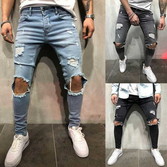 Mens Fashion Slim Fit Skinny Destroyed Ripped Jeans Men Casual Fashion Solid Button Zipper Custom Fit Irregular Ripped Jeans