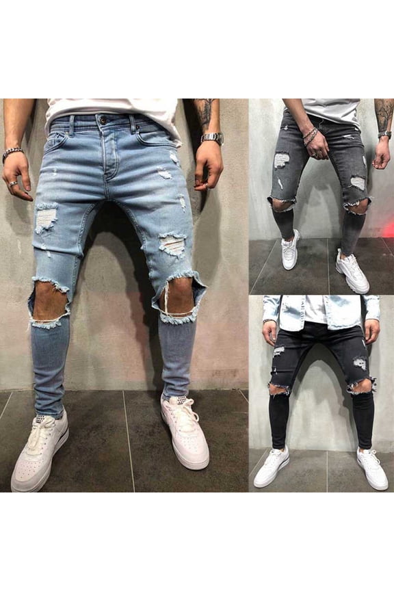 Mens Fashion Slim Fit Skinny Destroyed Ripped Jeans Men Casual Fashion Solid Button Zipper Custom Fit Irregular Ripped Jeans