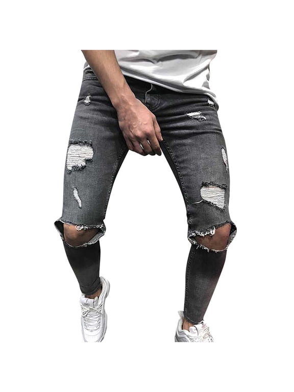 Mens Fashion Slim Fit Skinny Destroyed Ripped Jeans Men Casual Fashion Solid Button Zipper Custom Fit Irregular Ripped Jeans