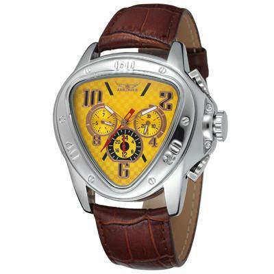 Mens Fashion Sport Racing Design Mechanical Watch with Calendar, World Time, Genuine Leather Band, and Triangle Dial