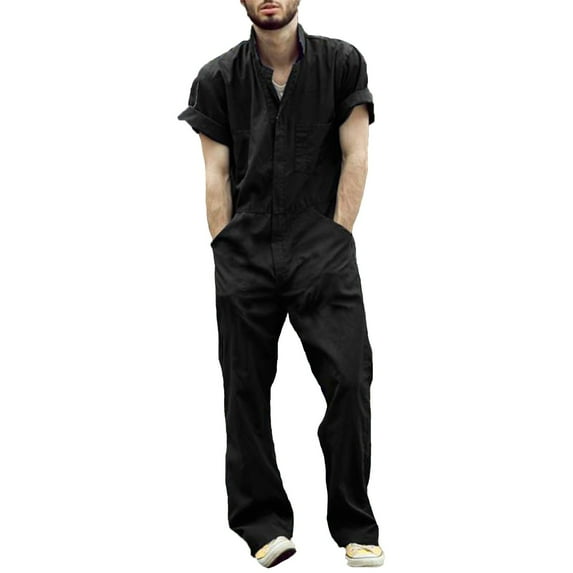 Mens Fashion Sportswear Clothing Set Mens Solid Colour Short Sleeve Jumpsuit With Zip Work Lapel Suit