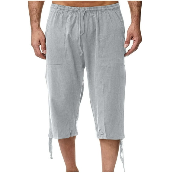 Mens Fashion Summer Solid Color Casual Beach Cotton Linen Capri Shorts Cropped Lounge Trousers Workout Elastic Waist Pants Loose Fit Gray L