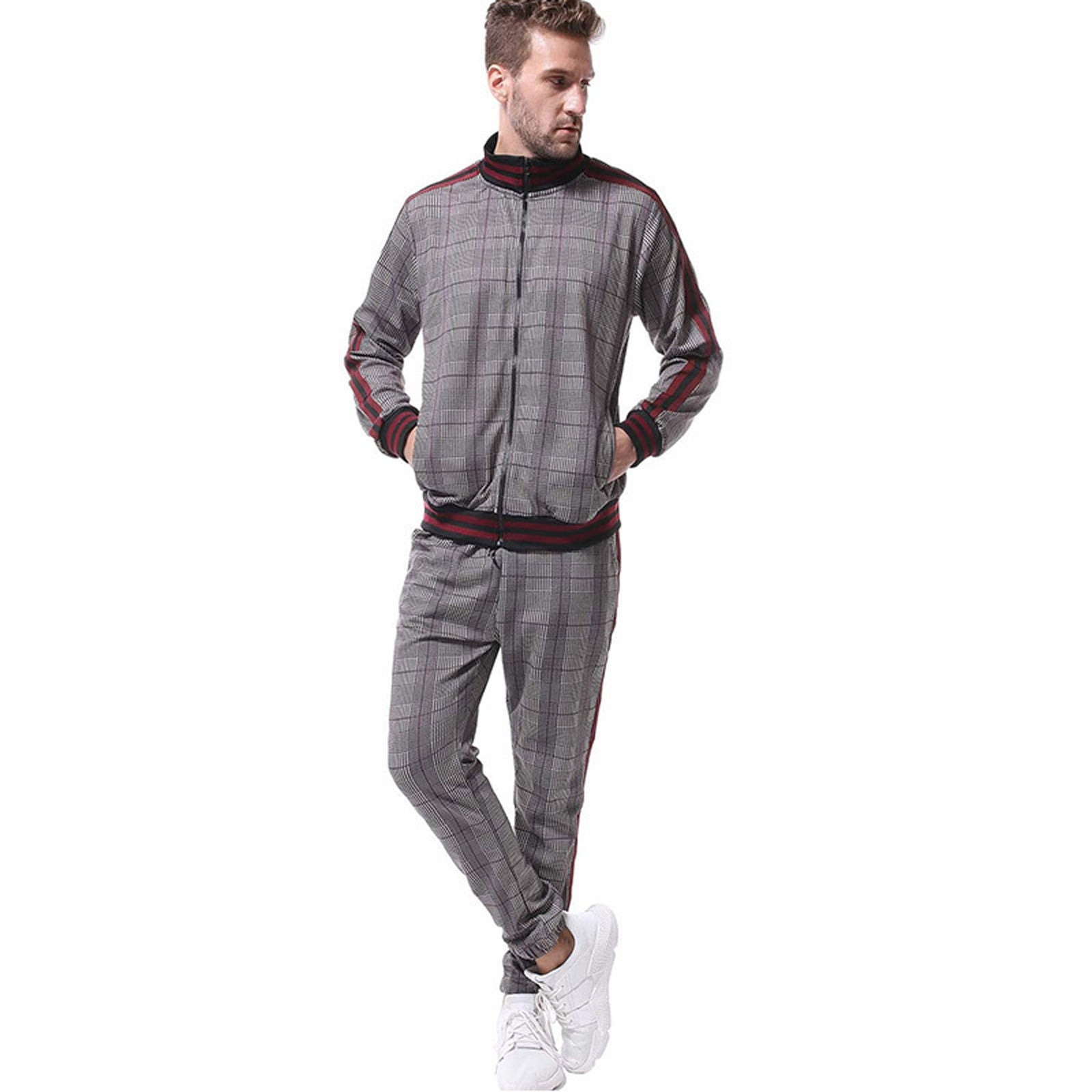 Mens Fashion Sweatsuit 2 Piece Stand Collar Full Zip Tracksuit