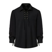 Mens Fashion Trendy Lace Up Lapel Long Sleeved Hippie Casual Dhirt For Men (Belt Not Included) E Couture Shirts Men