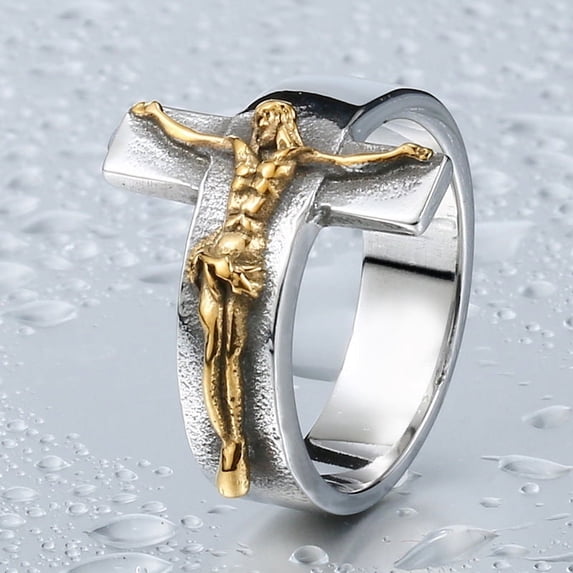 Mens Fashionable Alloy Jesus Cross Ring, Electroplated Individually Packed Religious Jewelry Gift