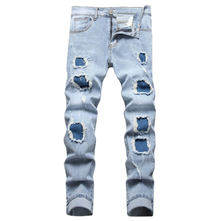 Mens Fashionable Casual Perforated Straight Fit Elastic Jeans